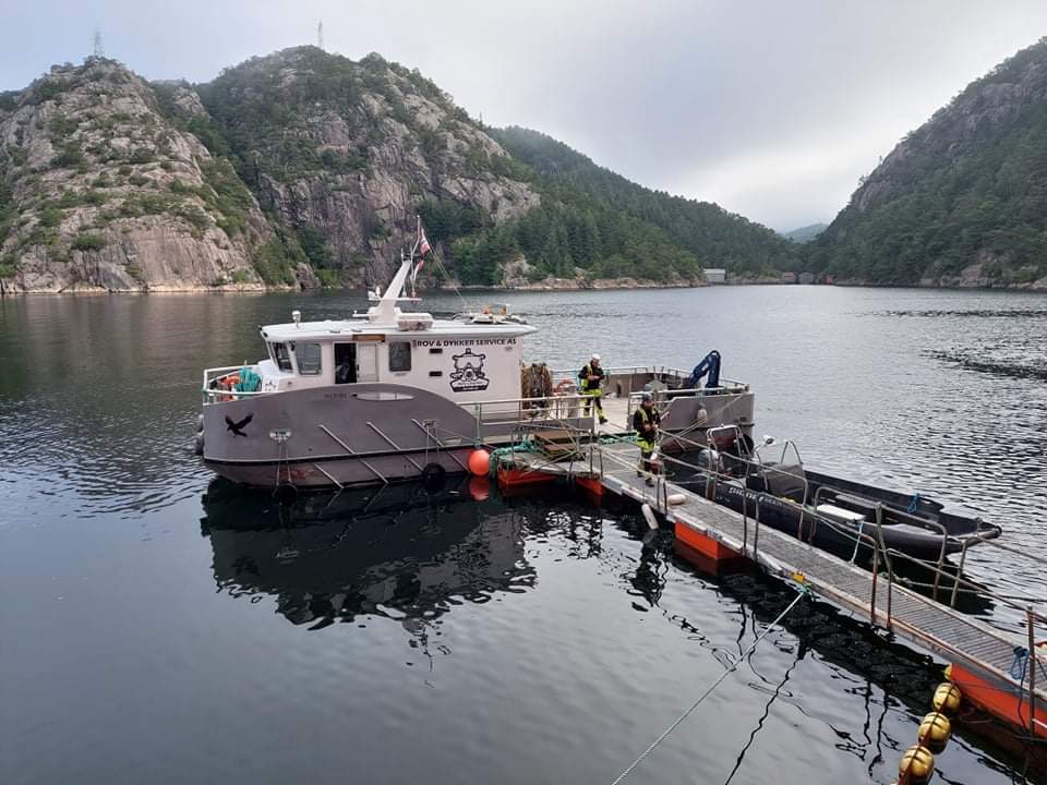 Arbeidsbåt med dykkerlag ved flytebrygge
