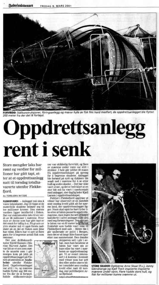 Historisk avisoppslag: Oppdrettsanlegg rent i senk