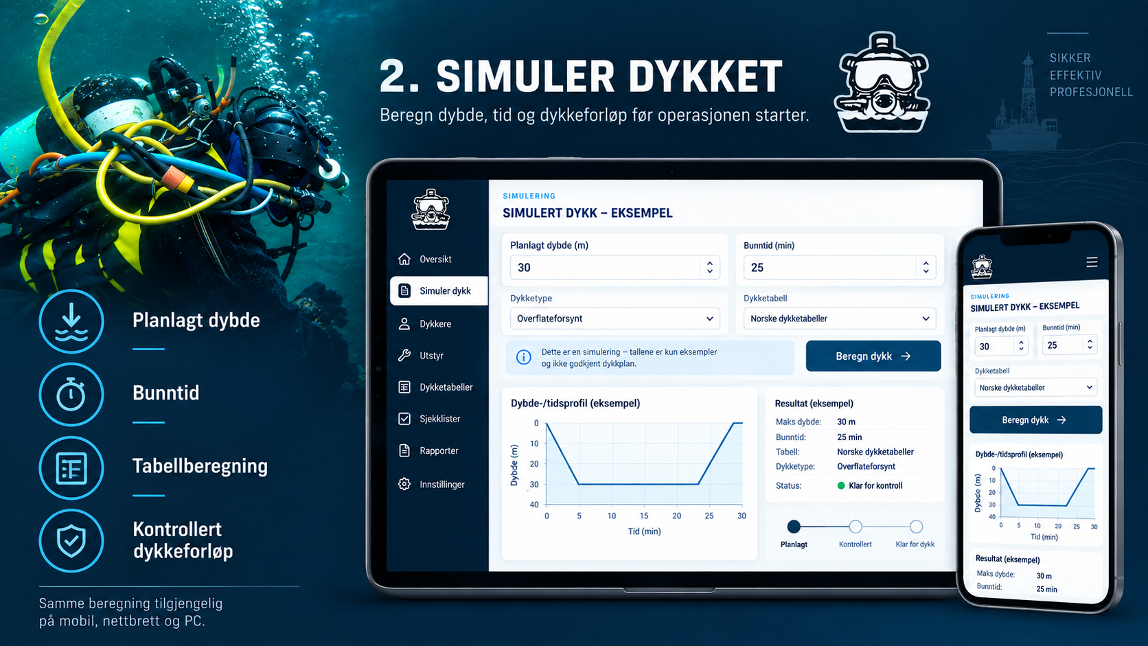 Planlegging av dykk og tabellberegning Simulert dykk og tabellberegning i RDS Operativ